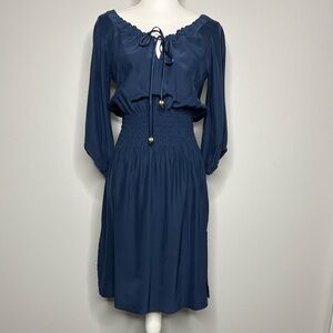 Abaete Silk Off the Shoulder Blouson Dress with Elbow Length Sleeve